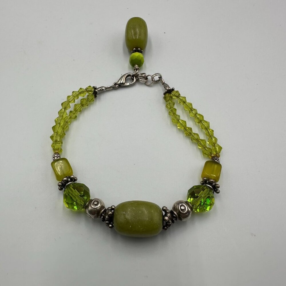 Artisan Bracelet Sterling Silver Beads Clasp Green Glass Dyed Stone Olive Tone